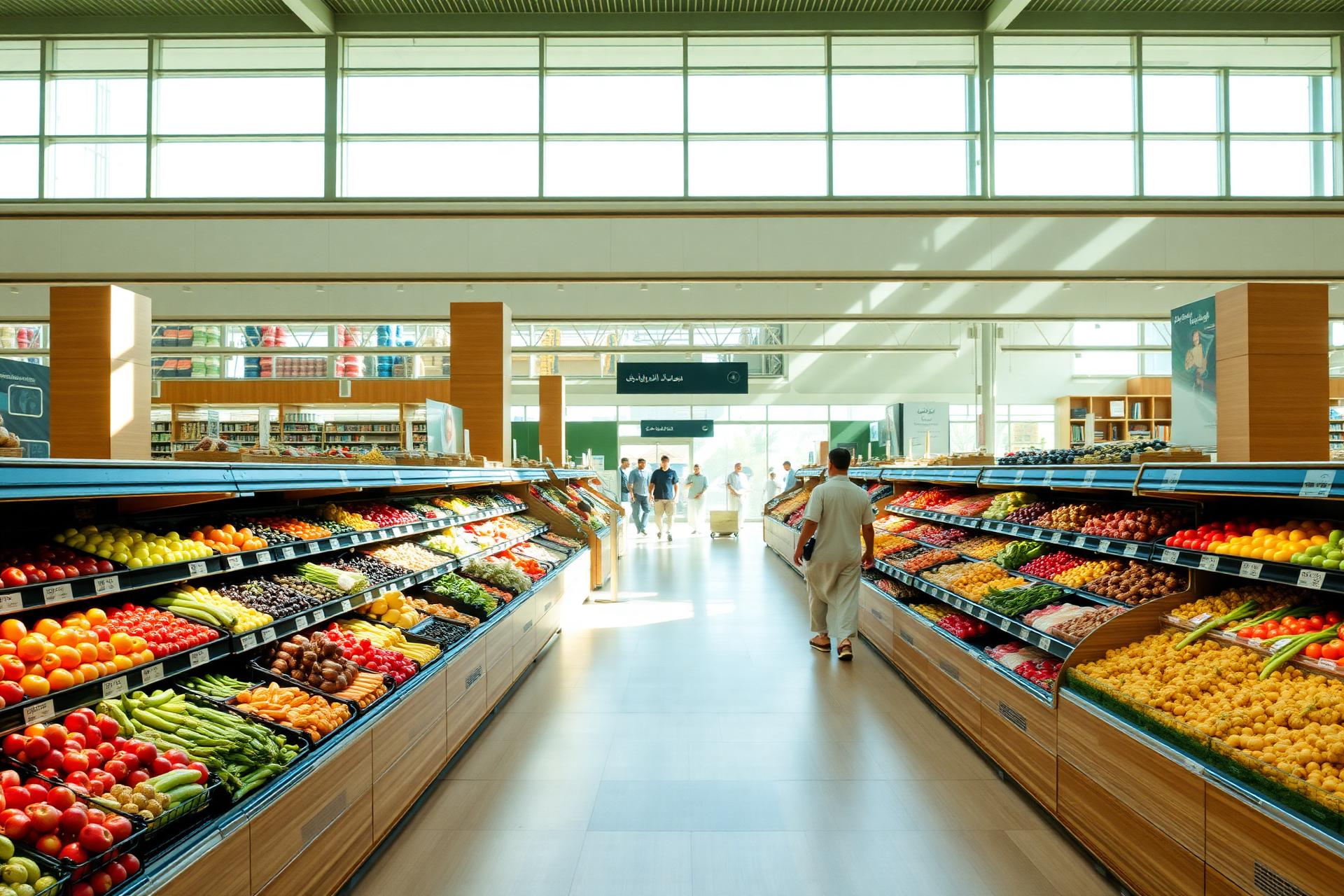 Bright, modern Al Amri Center hypermarket interior with fresh produce aisles